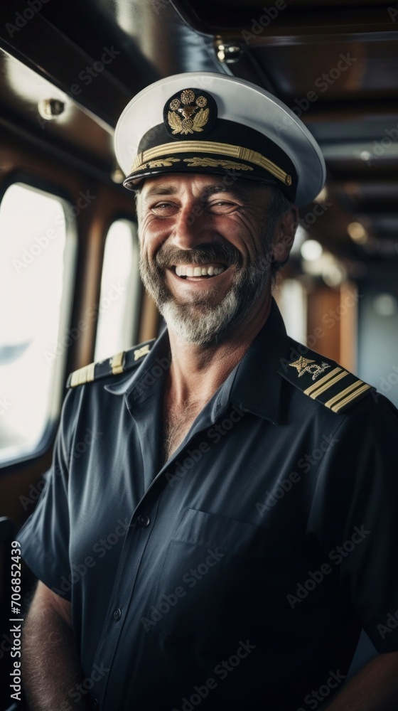 portrait ship captain in uniform standing on the deck, smiling warmly at the camera portrait ship captain in uniform standing on the deck, smiling warmly at the camera