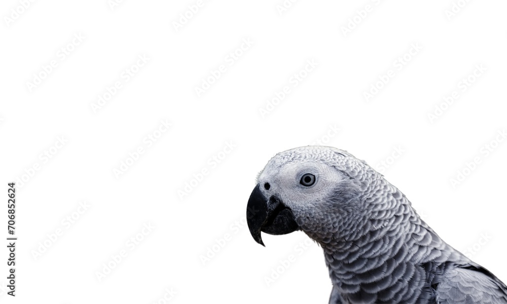 Fototapeta premium Enchanting Parrot: A Tropical Delight with White View, Imitation of Red Creatures, Cute Grey Wings, and a Beak Standing as a Domestic Parakeet - The Captivating Indoor Pet with Side-Eye Stares