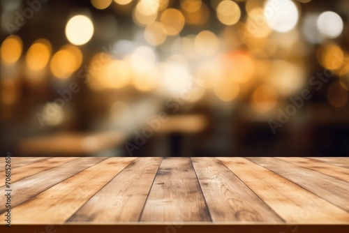 The empty wooden table top with blur background of cafe. Exuberant image. generative ai © Summit Art Creations