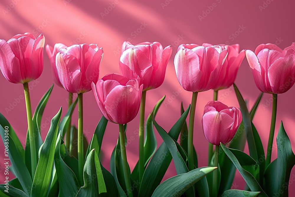 Beautiful pink tulip flowers on side of lite pink background. Beautiful natural spring flowers, copy space. Generated by ai