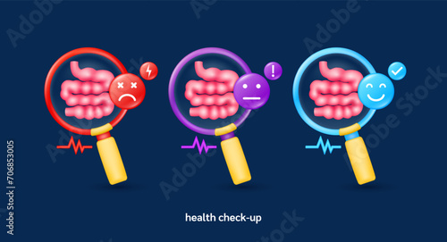 Small intestine in magnifying glass looking diagnose with icon sadly face worried and smiling. Pulse, thunder, exclamation, check mark. Medical health care check up. 3d organ anatomy cartoon vector.