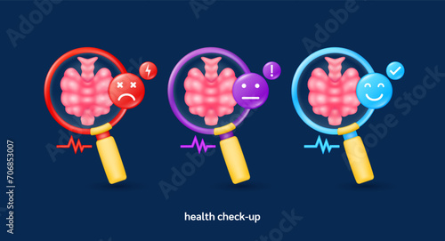 Thyroid in magnifying glass looking diagnose with icon sadly face worried and smiling. Pulse, thunder, exclamation, check mark. Medical health care check up. 3d organ anatomy cartoon vector.