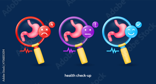Stomach in magnifying glass looking diagnose with icon sadly face worried and smiling. Pulse, thunder, exclamation, check mark. Medical health care check up. 3d organ anatomy cartoon vector.