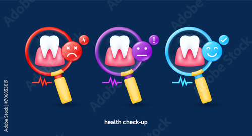Tooth gum in magnifying glass looking diagnose with icon sadly face worried and smiling. Pulse, thunder, exclamation, check mark. Medical health care check up. 3d organ anatomy cartoon vector.