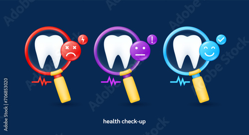 Tooth in magnifying glass looking diagnose with icon sadly face worried and smiling. Pulse, thunder, exclamation, check mark. Medical health care check up. 3d organ anatomy cartoon vector.