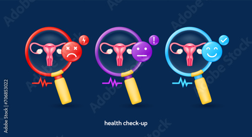 Uterus female in magnifying glass looking diagnose with icon sadly face worried and smiling. Pulse, thunder, exclamation, check mark. Medical health care check up. 3d organ anatomy cartoon vector.