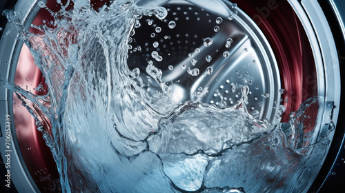 Water splashes in washing machine drum,, Washing machine drum with clean water flow and splashes. 