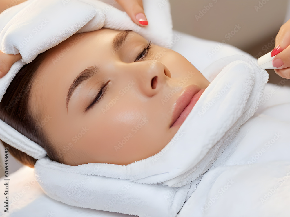 Beautiful young woman, having facial massage and beauty steam in spa