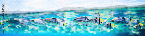 A dynamic school of striped fish swimming close to the water's surface in the clear, shallow waters of a tropical region. © tashechka