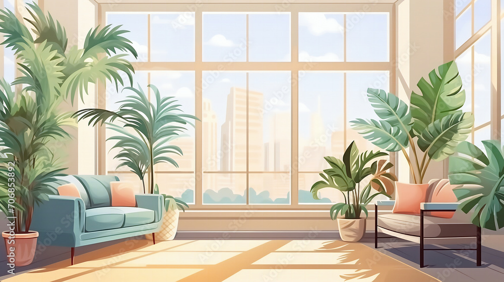 Fototapeta premium Bright living room in retro, boho style. Lots of tropical indoor plants in the room.