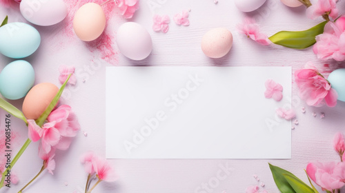 A soft pink Easter setting with a collection of pastel eggs and delicate flowers around a blank white canvas.