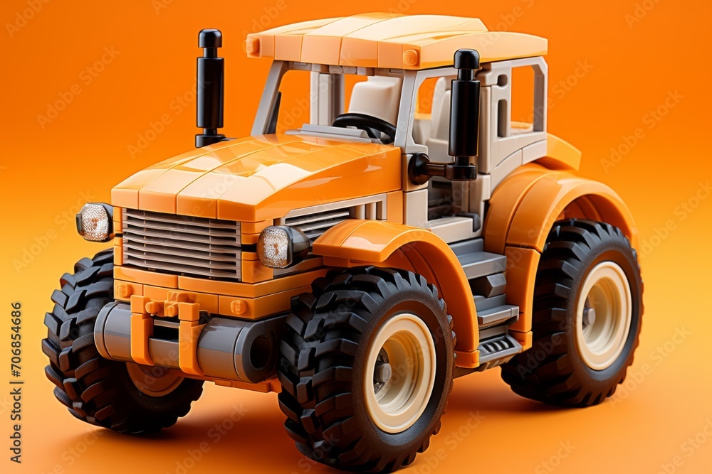 3D Render of a Construction Vehicle Toy, on an isolated Construction Orange background, Generative AI 