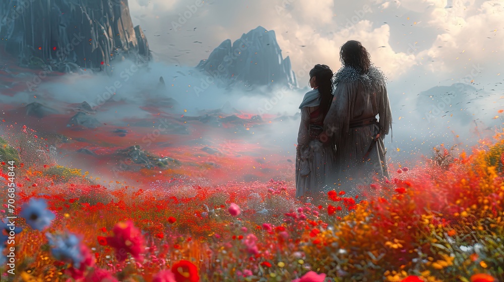 Obraz premium A male and female couple stand back to back in the Kamunosoto flower field