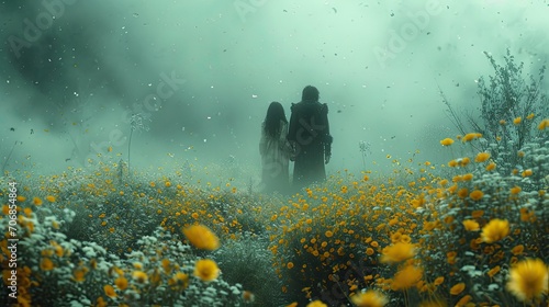 A male and female couple stand back to back in the Kamunosoto flower field