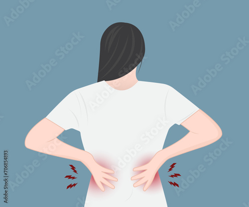 Young woman suffering from back pain, back pain, health problems, muscle inflammation or bone disease