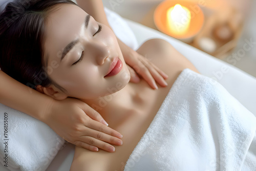 A beautiful woman having a massage in spa. A woman have a neck massage. Relaxing and have a good time. 