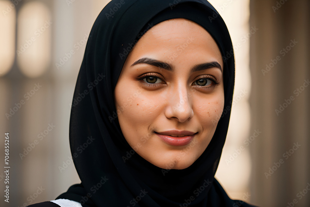 smiling young arab arabian woman in traditional hijab and looking at camera blurred background smiling young arab arabian woman in traditional hijab and looking at camera blurred background