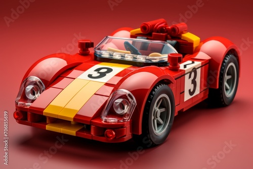 3D Render  Brick Car Toy, on an isolated Racing Red background, Generative AI photo