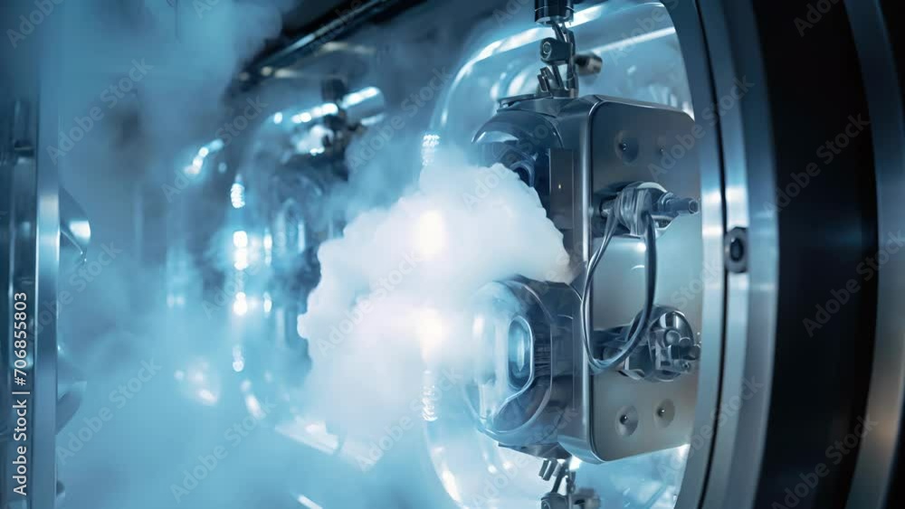 A detailed look at a cryogenic chamber, where patients are suspended in a state of freezing temperatures, highlighting the tingedge technology behind the science of cryonics and its potential A detailed look at a cryogenic chamber, where patients are suspended in a state of freezing temperatures, highlighting the tingedge technology behind the science of cryonics and its potential
