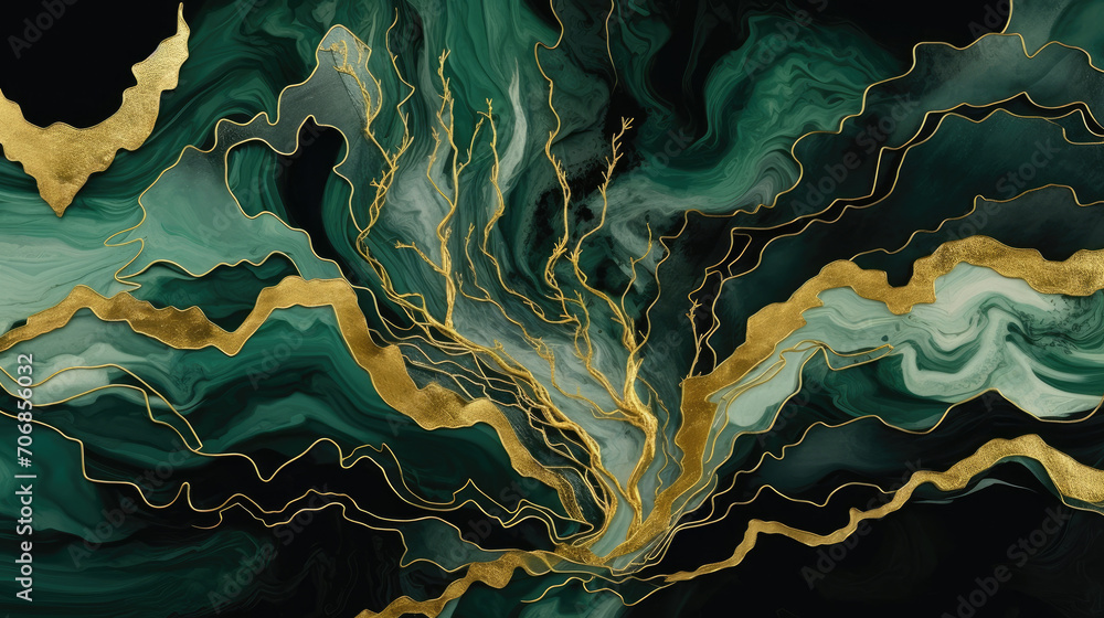 Obraz premium handmade painting with gold and emerald green leaves , Green marble texture background, natural marbel tiles for ceramic wall,green and gold marble luxury wall texture with shiny golden veins pattern