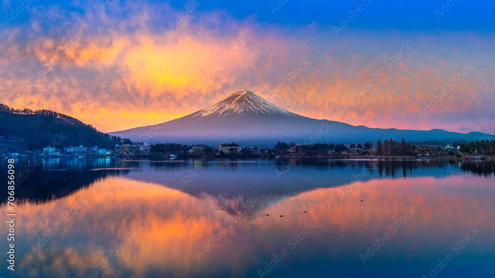 Fuji mountain and Kawaguchiko lake at sunrise, Japan.