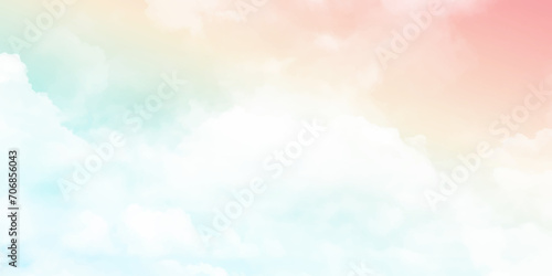 Sky Background, Pink abstract fluffy clouds,Cartoon Morning Summer Sky pastel blue, yellow, Fantasy dramatic soft orange Sunset in Autumn, Winter, Vector illustration fairy mystic sunrise blurry foggy