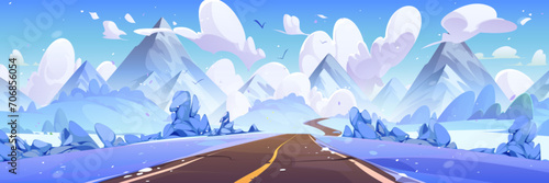 Empty road in middle of snowy meadows with bushes and trees leading to rocky mountains in winter. Cartoon cold season landscape with asphalt highway, fields covered with snow and hills on horizon.