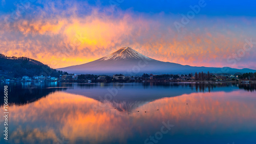 Fuji mountain and Kawaguchiko lake at sunrise  Japan.