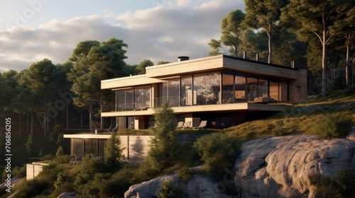 contemporary wooden villa on the edge of a cliff with views of the forest