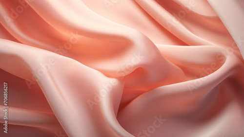 Close-up of soft peach satin fabric with delicate and graceful folds, exuding elegance and luxury.