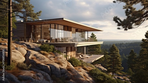 contemporary wooden villa on the edge of a cliff with views of the forest