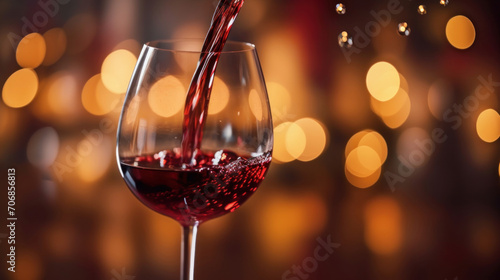An elegant glass of red wine set against a backdrop of golden blurred lights, suggesting a festive atmosphere.