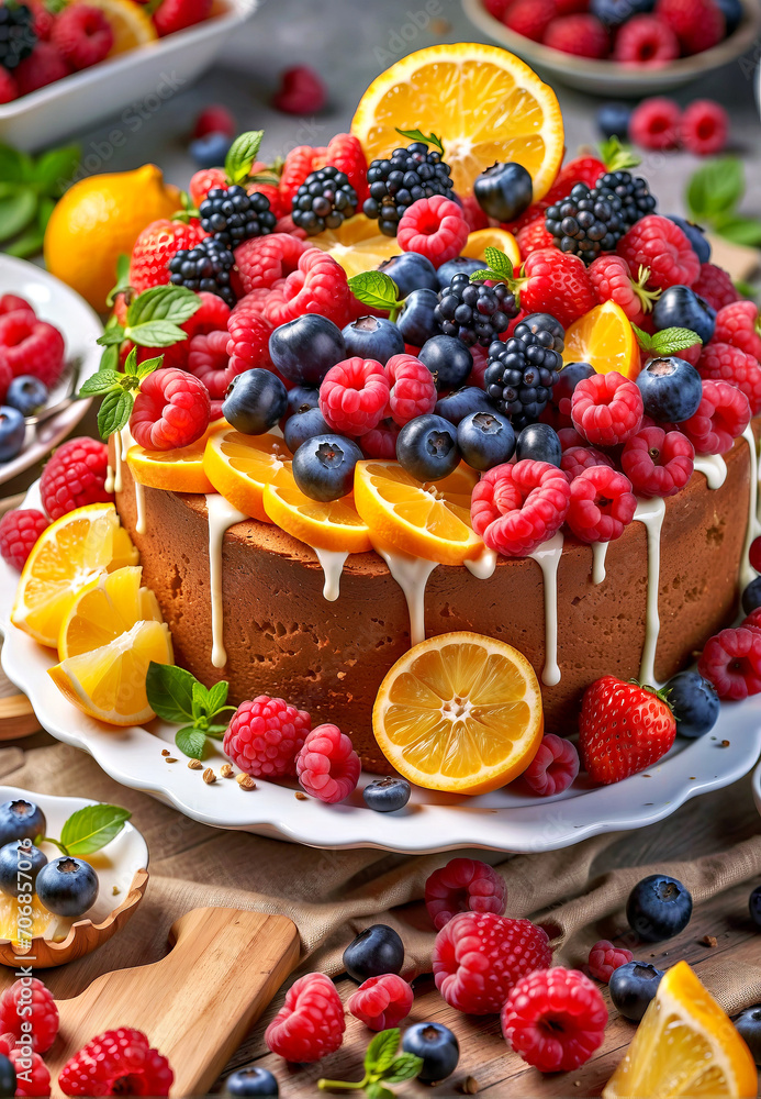 Cake Covered in Fresh Fruit and Drizzled With Icing Cake Covered in Fresh Fruit and Drizzled With Icing