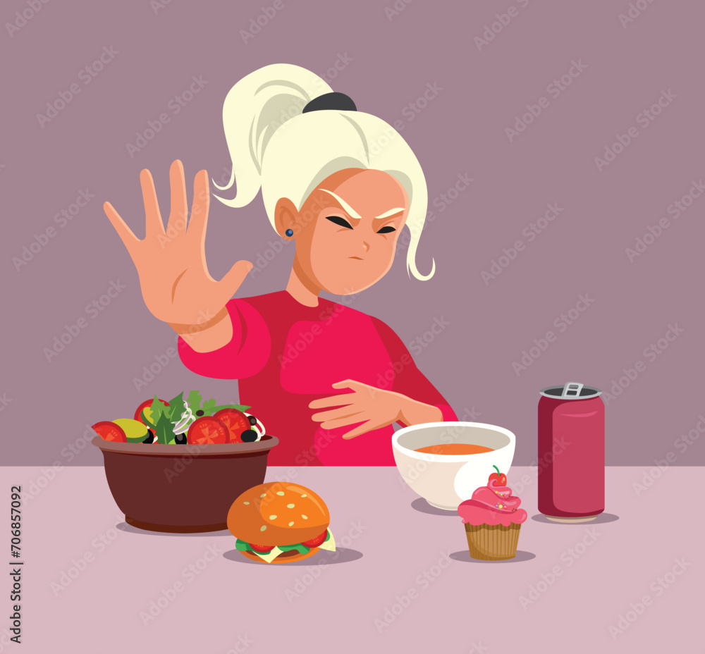 Vector Girl Making Full Stomach Gesture Unable to Eat More. Teen suffering from an eating disorder being restrictive with food
Vector Girl Making Full Stomach Gesture Unable to Eat More. Teen suffering from an eating disorder being restrictive with food