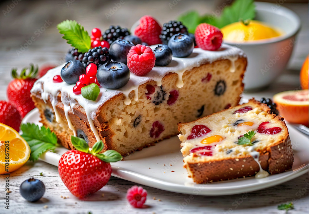 Slice of Cake on Plate With Berries and Oranges - Delicious Dessert Concept Photo Slice of Cake on Plate With Berries and Oranges - Delicious Dessert Concept Photo