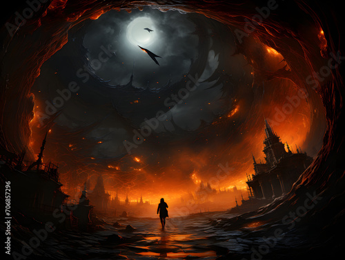 A dark scene of a blue fire bursting through a cave
