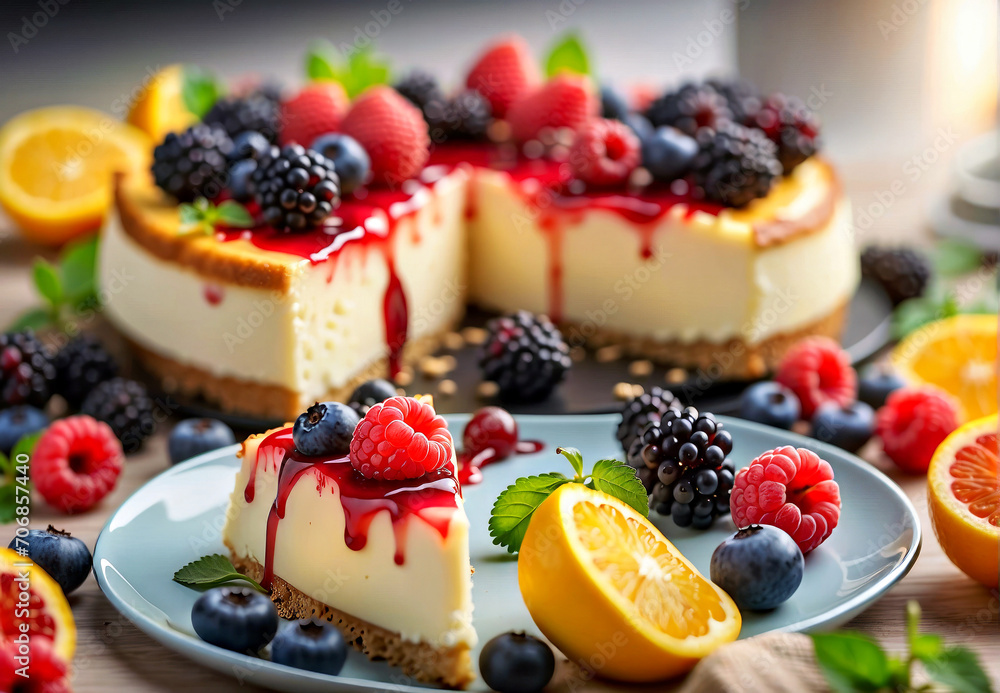 Delicious Cheesecake With Fresh Berries and Oranges on a Plate Delicious Cheesecake With Fresh Berries and Oranges on a Plate