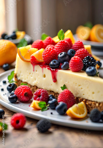 Slice of Cheesecake Topped With Berries and Oranges - A Delicious Dessert Treat