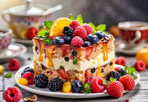Delicious Cake With Fresh Fruit Topping as a Beautiful Dessert
