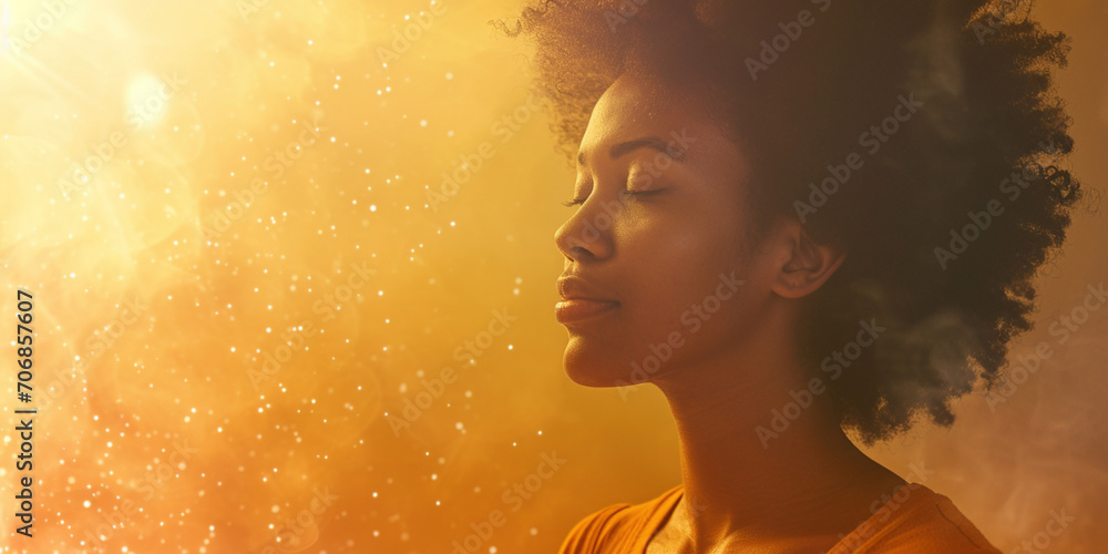 African American woman with healing energy and light around her feeling good breathing calm peace. Happy black female smiling in happiness taking deep breath for zen, health or spiritual wellness - obrazy, fototapety, plakaty 