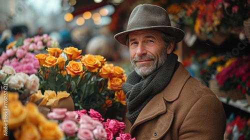 A handsome man buys a large bouquet of flowers on a snowy street as a gift for Valentine's day