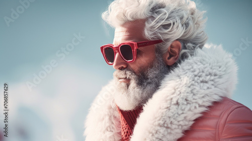 A fashionable older man with white hair and beard, wearing stylish red sunglasses and a luxurious white fur collar against a cool blue backdrop. © tashechka