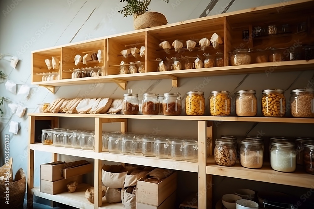Shelves with different spices and herbs in a modern kitchen.
