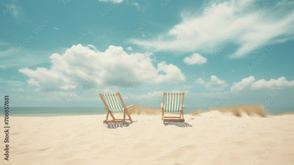 Two striped beach chairs facing the ocean on a pristine sandy shore with a clear blue sky and fluffy clouds overhead. Two striped beach chairs facing the ocean on a pristine sandy shore with a clear blue sky and fluffy clouds overhead.