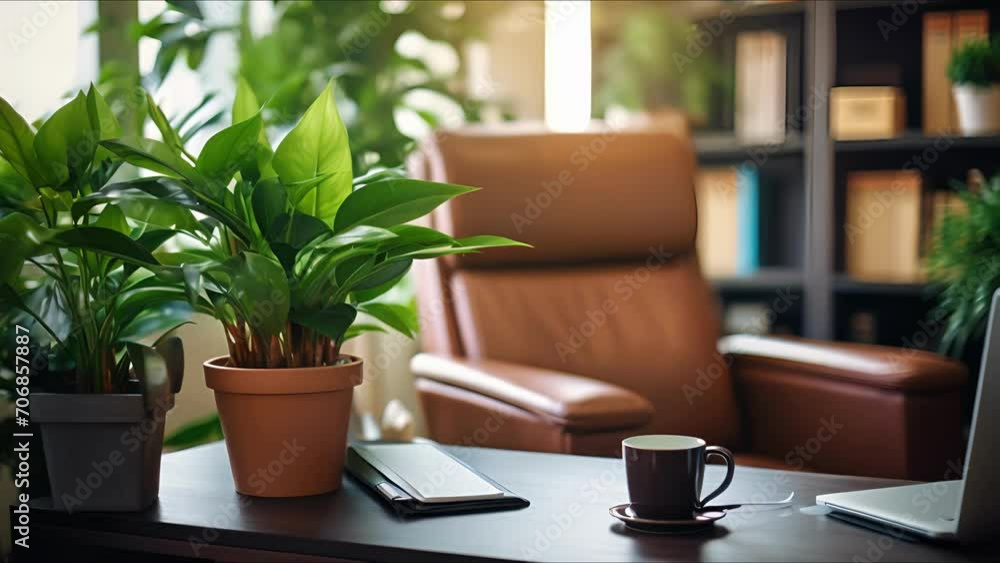 Top view closeup of a neat home office space with a leather chair, organized desk accessories, and a potted plant for a touch of greenery. Top view closeup of a neat home office space with a leather chair, organized desk accessories, and a potted plant for a touch of greenery.