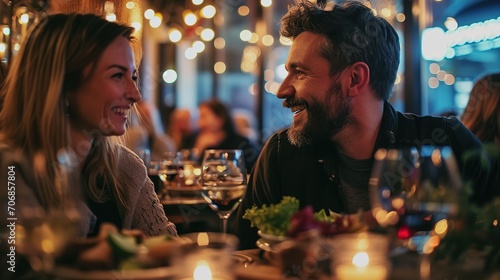 Side view portrait of laughing couple enjoying date in cafe photo