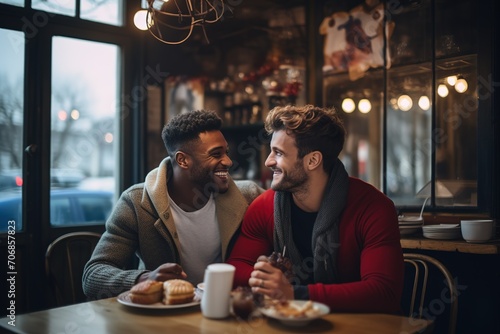 Happy couple of gay men have breakfast together for Valentine's Day photo