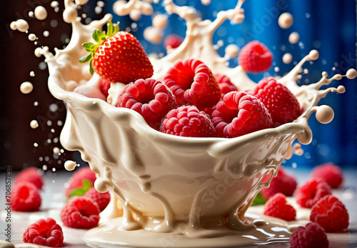 White Bowl Filled With Raspberries and Milk