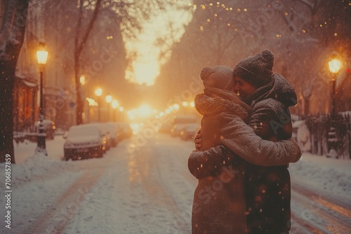 Valentine's day date. Young stylish loving couple walking in winter city. photo
