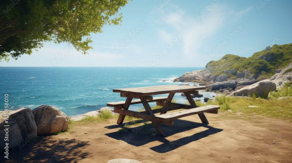 A rustic wooden picnic table under the shade of a tree, offering a panoramic view of the blue ocean and rocky coastline. A rustic wooden picnic table under the shade of a tree, offering a panoramic view of the blue ocean and rocky coastline.